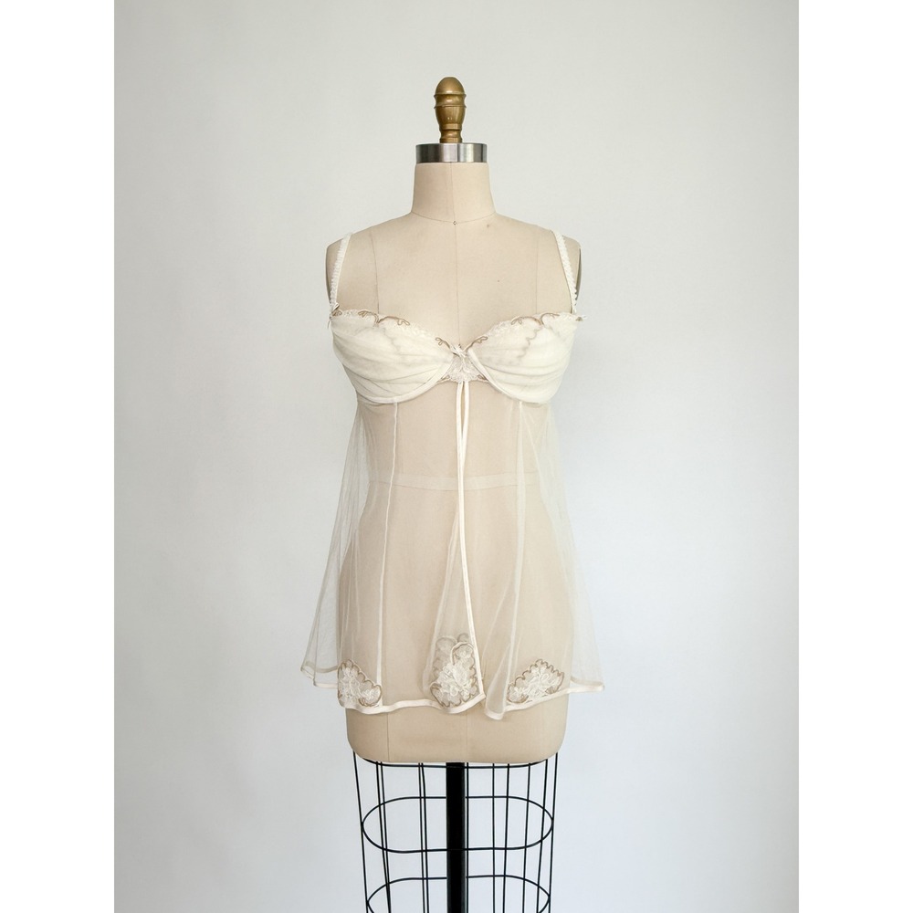 Victoria's Secret cream sheer‎ mesh babydoll nightgown lingerie size 34C